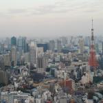The Tokyo Tower and surrounding buildings at dusk, from the Mori