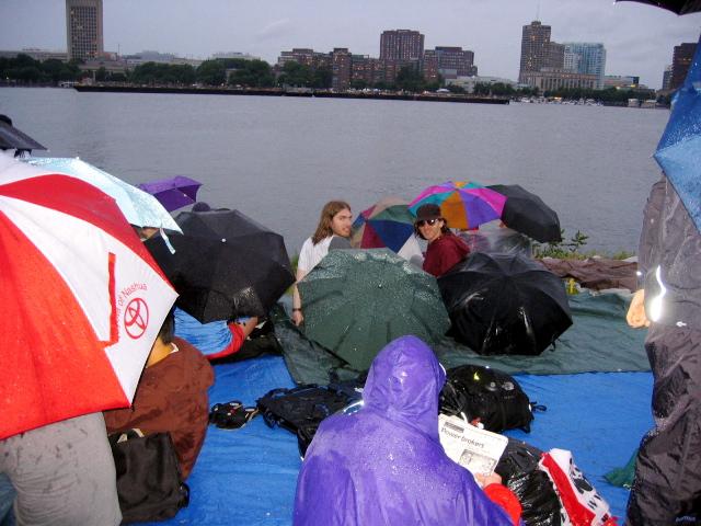 The Boyden brothers in a sea of umbrellas