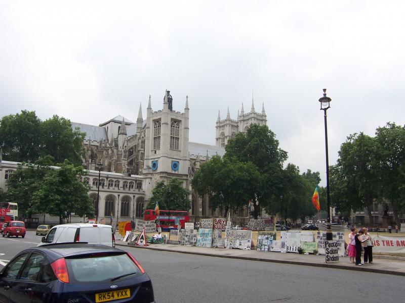 Exterior view of Westminster Abbey, partially hidden