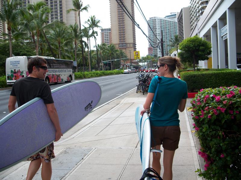 Josh and Heather are ready for some Waikiki surfing