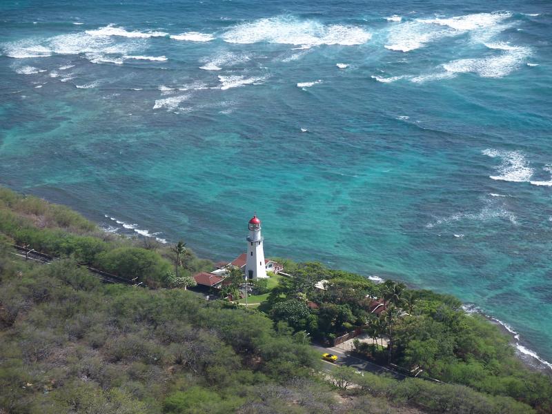 Looking down at the lighthouse from the top of Diamond Head