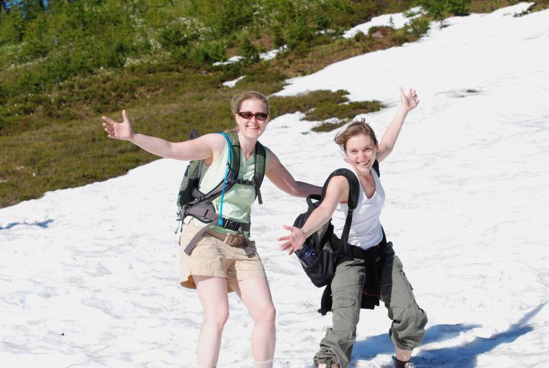 Rachael and Charlotte have fun on the snow