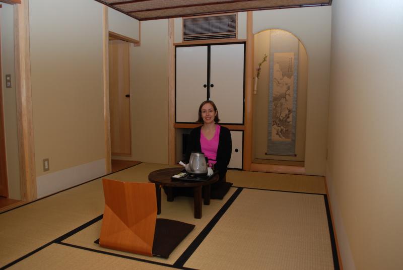 Katie in our room at the Ryokan Sakura (Japanese Inn)