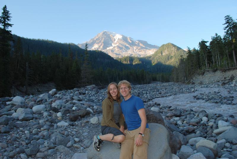 Katie and Jason in a river bed below Mt. Rainier