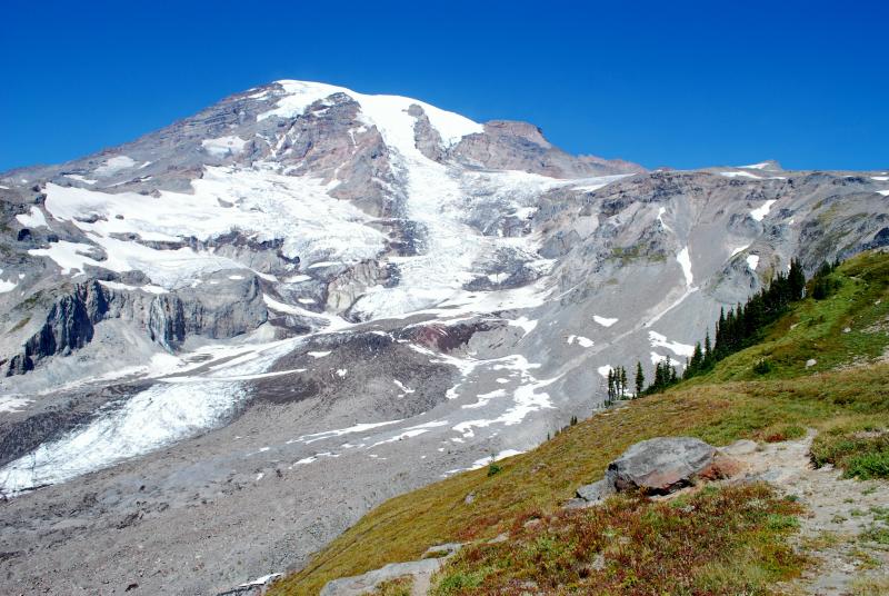 The snow-covered peak of Mt. Rainier